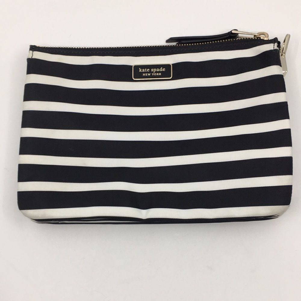 Kate Spade New York Black White Library Stripe Triple Gusset Clutch Makeup Pouch